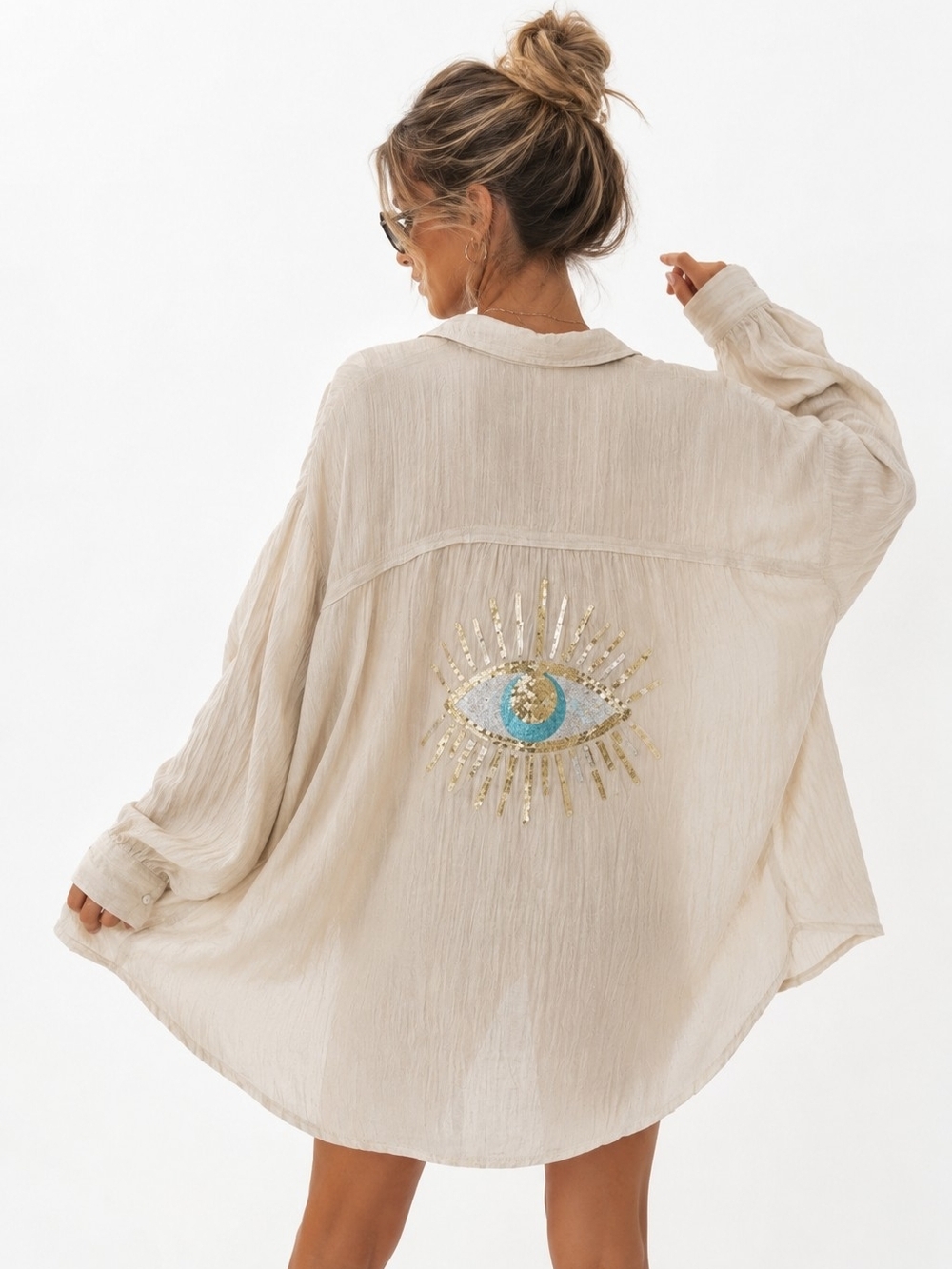 Oversized Sheer Beige Button Up Cardigan Cover Up Sequin Eye Back Boho Beach